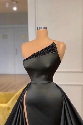 Black Beading One Shoulder A-Line Prom Dress with Ruffles_2