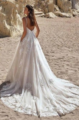 Elegant spaghettistraps sleeveless aline lace wedding dress_2