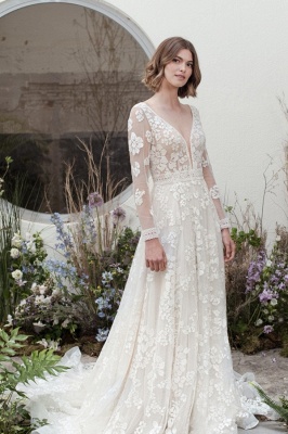 Gogeous sweetheart longsleeves A-line lace wedding dress hollow_1