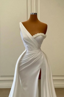 White One Shoulder Sleeveless Satin Prom Dress with Ruffles_3