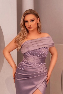 Lilac One Shouler Floor Length Beading Zipper Satin Prom Dress with Ruffles_2