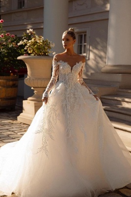 Sweetheart A-line Long Sleeves Tulle Wedding Dress with Chapel Train_1