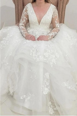 Romantic vneck longsleeves ballgown lace wedding dress_5