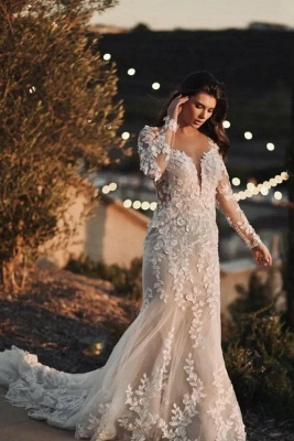 Beautiful sweetheart longsleeves mermaid lace wedding dress_1
