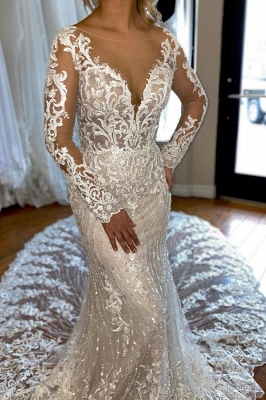 Charming Floor Length Long Sleeves Wedding Dress with Ruffles_3