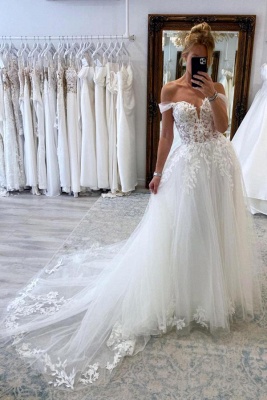 Charming Off the Shoulder A-Line Chapel Lace Wedding Dress_1