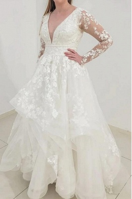 Romantic vneck longsleeves ballgown lace wedding dress_4