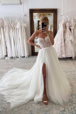 Elegant sweetheart longsleeves A-line tulle wedding dress splitfront_2