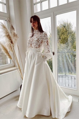 Charming Long Sleeves High Neck Wedding Dress Lace with Appliques_1