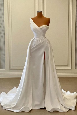 White One Shoulder Sleeveless Satin Prom Dress with Ruffles_1