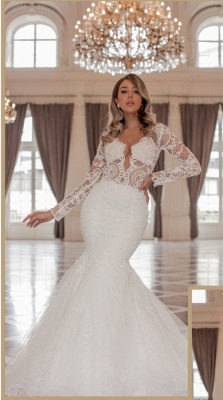 Sexy vneck longsleeves mermaid lace wedding dress hollow_1