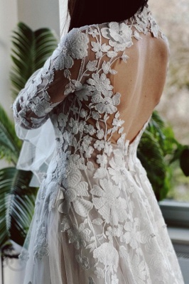 Elegant highneck longsleeves aline lace wedding dress_3
