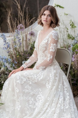Gogeous sweetheart longsleeves A-line lace wedding dress hollow_3