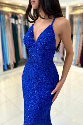 Chic Royal Blue Sleeveless Halter Spaghetti Straps Floorlength Prom Dress_5