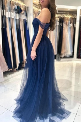 Dark Blue Strapless Off the Shoulder A-Line Tulle Prom Dress_2