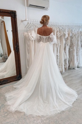Elegant sweetheart longsleeves A-line tulle wedding dress splitfront_3