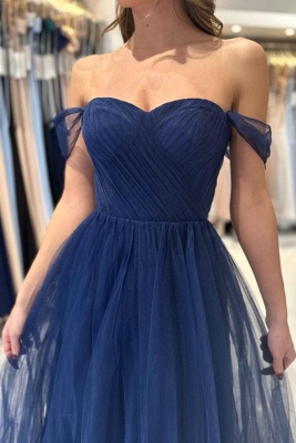 Dark Blue Strapless Off the Shoulder A-Line Tulle Prom Dress_4