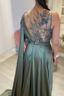 Sage Long Sleeves Asymmetric One Shoulder Prom Dress with Ruffles_2