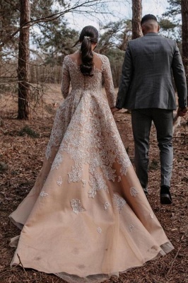 Charming Champagne A-Line Long Sleeves Jewel Lace Wedding Dress_2