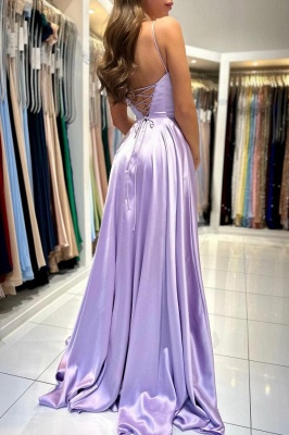 Lilac Spaghetti Straps A-Line Satin Prom Dress with Ruffles_3
