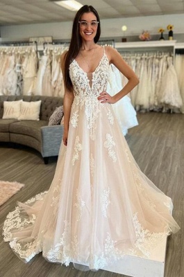 Noble spaghettistraps sleeveless aline lace wedding dress_1