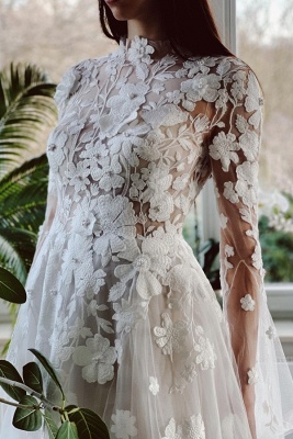 Elegant highneck longsleeves aline lace wedding dress_2