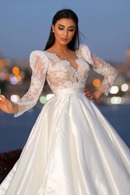 Elegant vneck longsleeves aline satin wedding dress lace_2