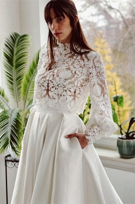 Charming Long Sleeves High Neck Wedding Dress Lace with Appliques_3