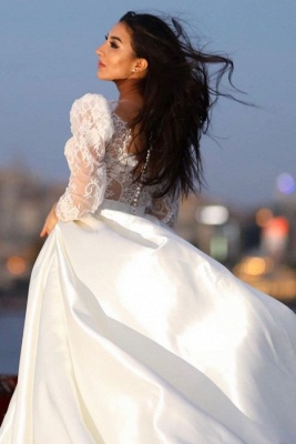 Elegant vneck longsleeves aline satin wedding dress lace_3