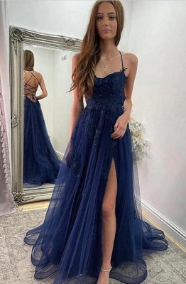 Elegant spaghettistraps sleeveless aline prom dresses splitfront_1