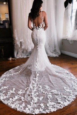 Sexy spaghettistraps sleeveless mermaid lace wedding dress_2