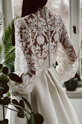 Charming Long Sleeves High Neck Wedding Dress Lace with Appliques_2