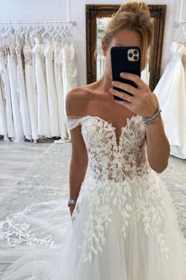 Charming Off the Shoulder A-Line Chapel Lace Wedding Dress_2