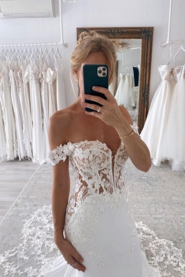 Elegant sweetheart capsleeves mermaid lace wedding dress_3
