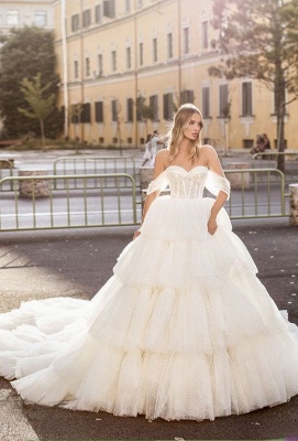 Gorgeous Ivory Off the Shoulder Tiered Wedding Dress with Train_1