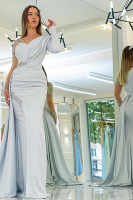 Elegent White Long Sleeves Asymmetric Floor Length Prom Dress with Ruffles_1