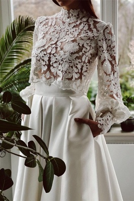 Charming Long Sleeves High Neck Wedding Dress Lace with Appliques_4