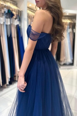 Dark Blue Strapless Off the Shoulder A-Line Tulle Prom Dress_5