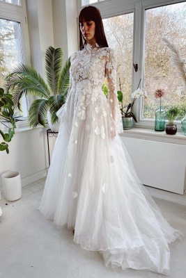 Elegant highneck longsleeves aline lace wedding dress_1