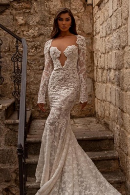 Elegant sweetheart longsleeves mermaid lace Wedding dresses_1
