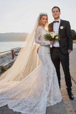 Noble vneck longsleeves mermaid lace Wedding dresses_2