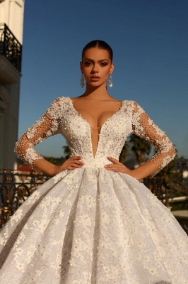 Princess vneck longsleeves ballgown lace wedding dress beading_3