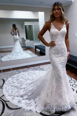 Elegant spaghettistraps sleeveless mermaid lace Wedding dresses_1