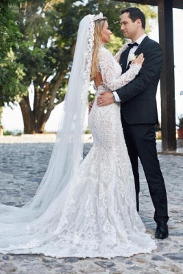 Noble vneck longsleeves mermaid lace Wedding dresses_3