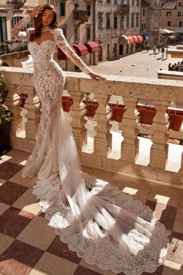 Noble highneck longsleeves mermaid lace Wedding dresses_1