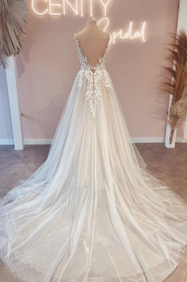 Vintage vneck sleeveless aline lace Wedding dresses_2