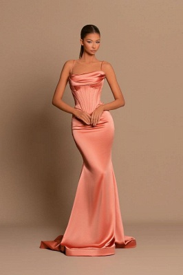 Elegant spaghettistraps sleeveless mermaid satin evening dresses ruffles_1