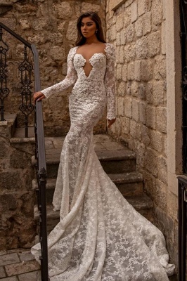 Elegant sweetheart longsleeves mermaid lace Wedding dresses_4