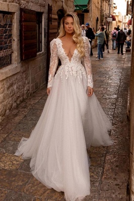 Elegant vneck longsleeves aline lace Wedding dresses_1