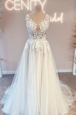 Vintage vneck sleeveless aline lace Wedding dresses_1